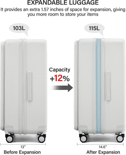 20 Inch Carry On Luggage with Cup Holder and USB Charging Port, Top Opening Hard Shell Suitcase with Wheels, Aluminum Frame Trunk Luggage with TSA Lock & Dividers for Travel, Smoke White