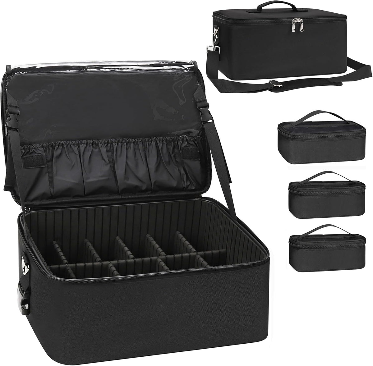 Extra Large Makeup Case Professional Cosmetic Storage Organizer Box Brush Holder with 4 Clear Set Bags & Lipstick Plate for Makeup Artists with Shoulder Strap & Adjustable Dividers
