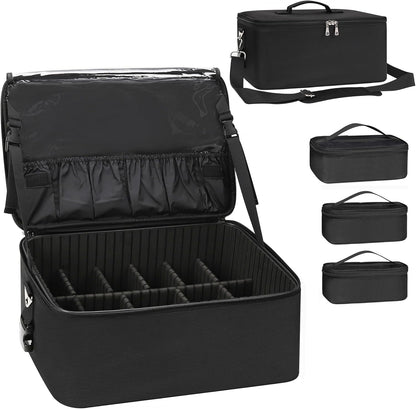 Extra Large Makeup Case Professional Cosmetic Storage Organizer Box Brush Holder with 4 Clear Set Bags & Lipstick Plate for Makeup Artists with Shoulder Strap & Adjustable Dividers