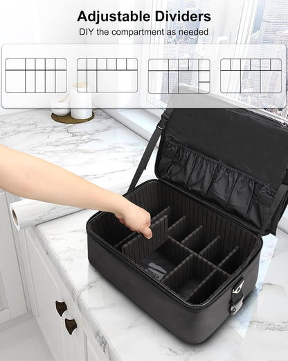 Extra Large Makeup Case Professional Cosmetic Storage Organizer Box Brush Holder with 4 Clear Set Bags & Lipstick Plate for Makeup Artists with Shoulder Strap & Adjustable Dividers