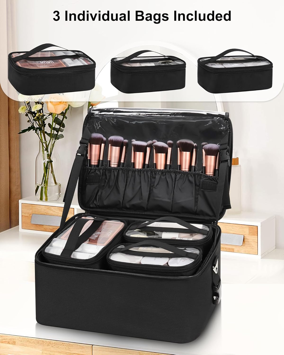 Extra Large Makeup Case Professional Cosmetic Storage Organizer Box Brush Holder with 4 Clear Set Bags & Lipstick Plate for Makeup Artists with Shoulder Strap & Adjustable Dividers