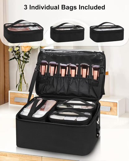 Extra Large Makeup Case Professional Cosmetic Storage Organizer Box Brush Holder with 4 Clear Set Bags & Lipstick Plate for Makeup Artists with Shoulder Strap & Adjustable Dividers