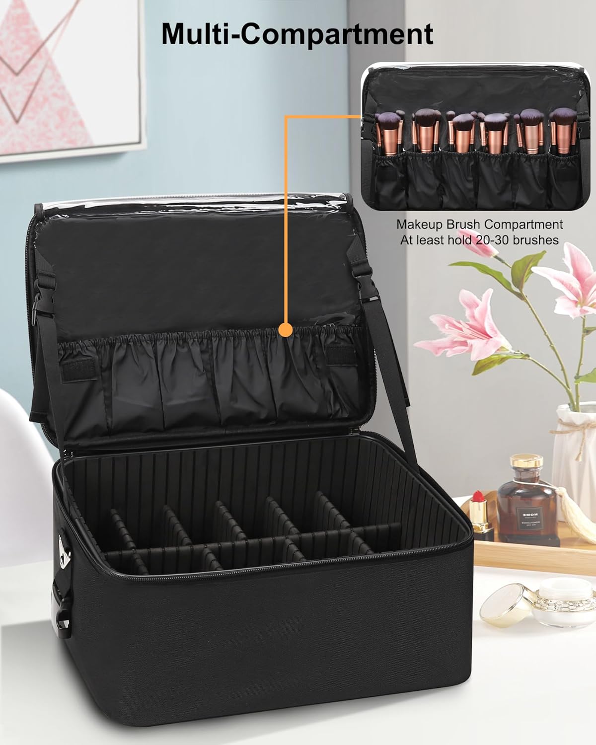 Extra Large Makeup Case Professional Cosmetic Storage Organizer Box Brush Holder with 4 Clear Set Bags & Lipstick Plate for Makeup Artists with Shoulder Strap & Adjustable Dividers