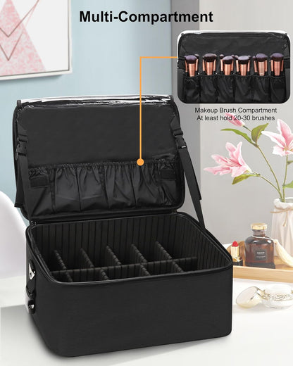 Extra Large Makeup Case Professional Cosmetic Storage Organizer Box Brush Holder with 4 Clear Set Bags & Lipstick Plate for Makeup Artists with Shoulder Strap & Adjustable Dividers
