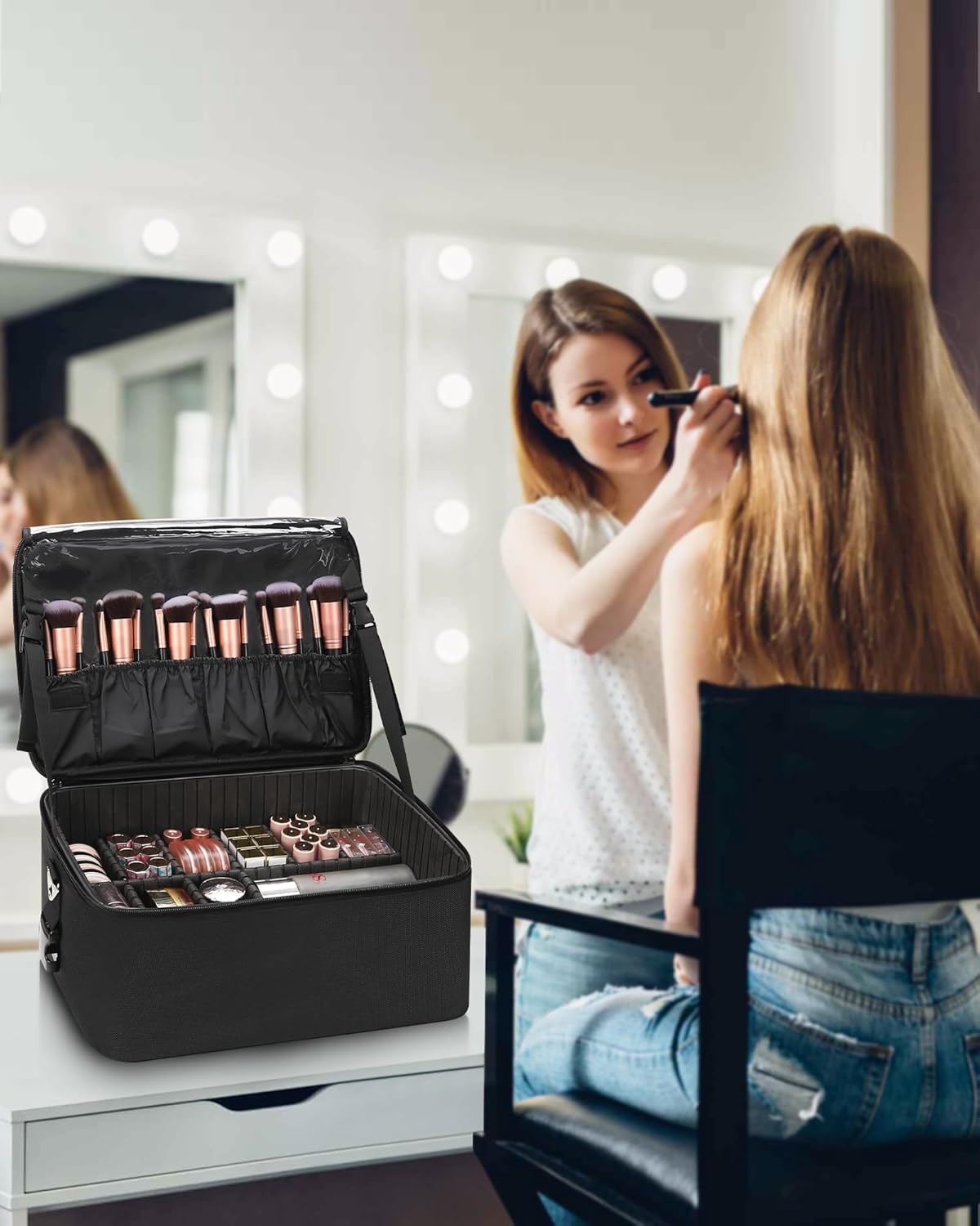 Extra Large Makeup Case Professional Cosmetic Storage Organizer Box Brush Holder with 4 Clear Set Bags & Lipstick Plate for Makeup Artists with Shoulder Strap & Adjustable Dividers