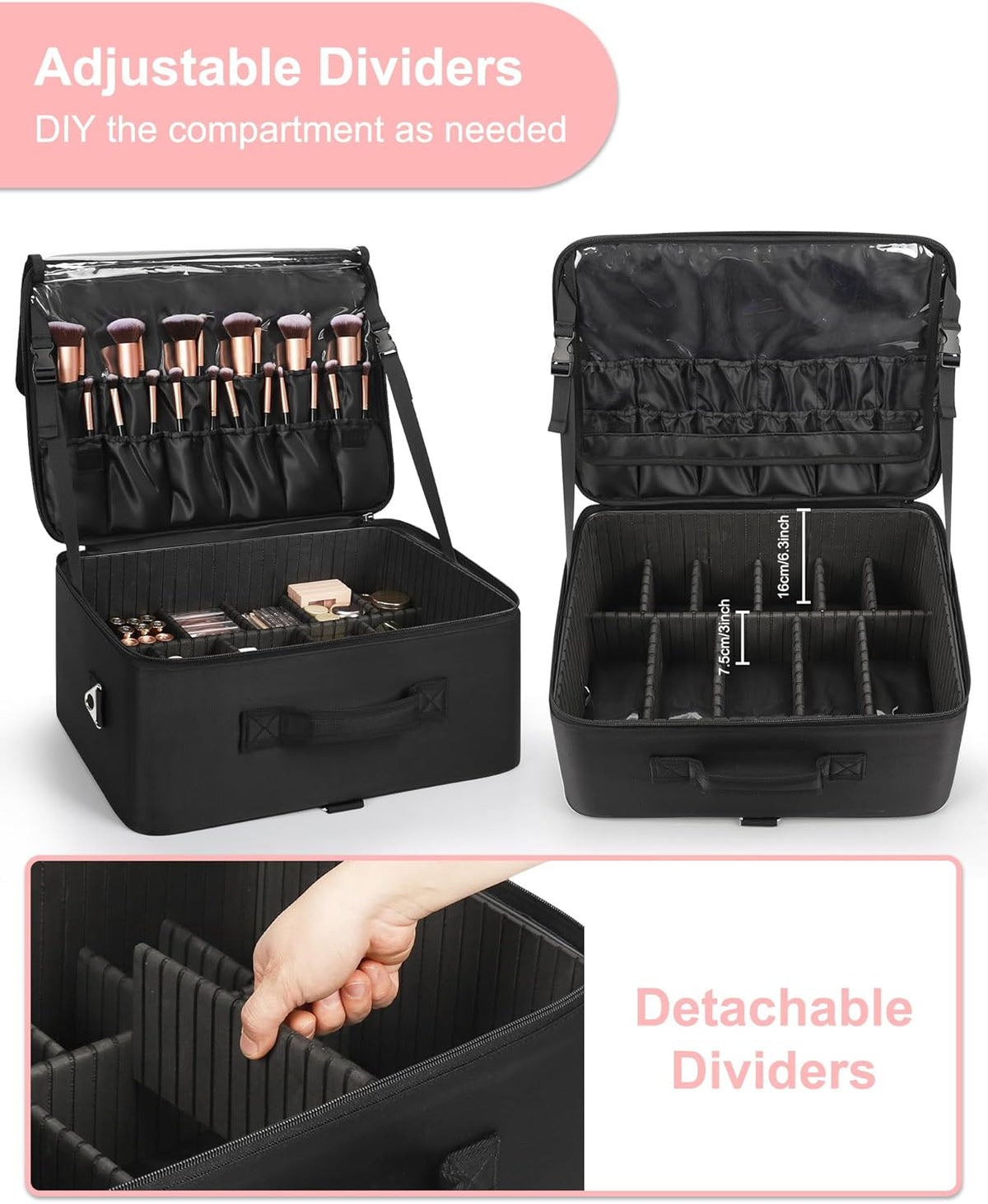 Extra Large Makeup Case Professional Cosmetic Storage Organizer Box Brush Holder with 4 Clear Set Bags & Lipstick Plate for Makeup Artists with Shoulder Strap & Adjustable Dividers