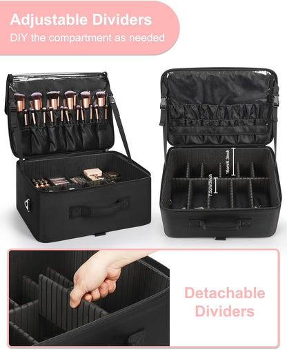Extra Large Makeup Case Professional Cosmetic Storage Organizer Box Brush Holder with 4 Clear Set Bags & Lipstick Plate for Makeup Artists with Shoulder Strap & Adjustable Dividers