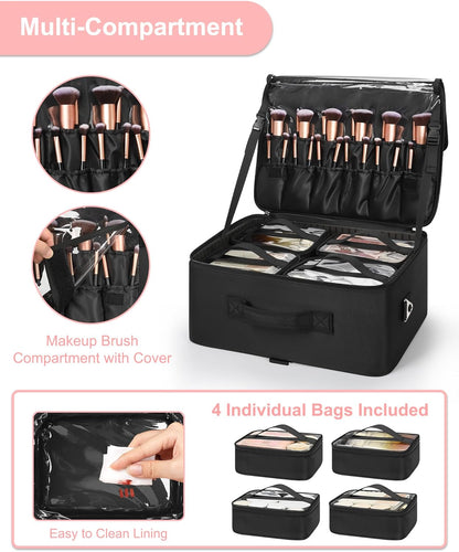 Extra Large Makeup Case Professional Cosmetic Storage Organizer Box Brush Holder with 4 Clear Set Bags & Lipstick Plate for Makeup Artists with Shoulder Strap & Adjustable Dividers
