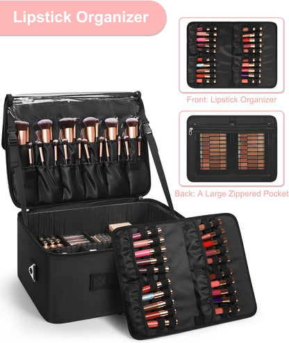 Extra Large Makeup Case Professional Cosmetic Storage Organizer Box Brush Holder with 4 Clear Set Bags & Lipstick Plate for Makeup Artists with Shoulder Strap & Adjustable Dividers