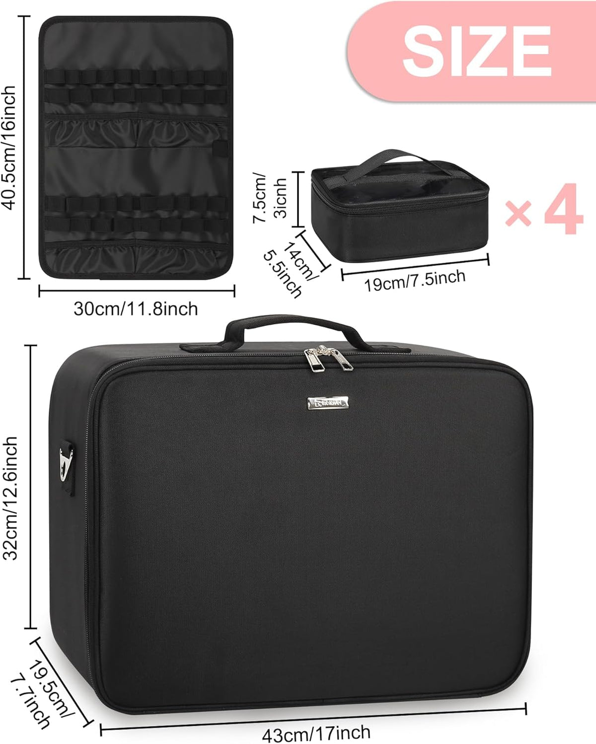 Extra Large Makeup Case Professional Cosmetic Storage Organizer Box Brush Holder with 4 Clear Set Bags & Lipstick Plate for Makeup Artists with Shoulder Strap & Adjustable Dividers