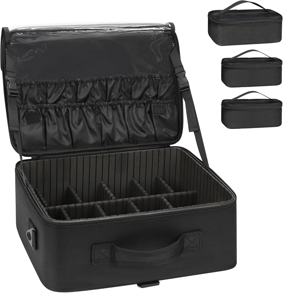 Extra Large Makeup Case Professional Cosmetic Storage Organizer Box Brush Holder with 4 Clear Set Bags & Lipstick Plate for Makeup Artists with Shoulder Strap & Adjustable Dividers