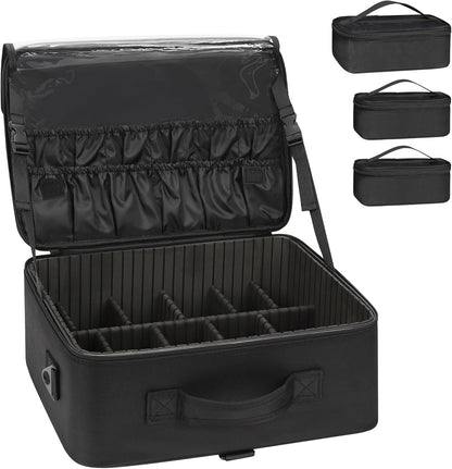 Extra Large Makeup Case Professional Cosmetic Storage Organizer Box Brush Holder with 4 Clear Set Bags & Lipstick Plate for Makeup Artists with Shoulder Strap & Adjustable Dividers