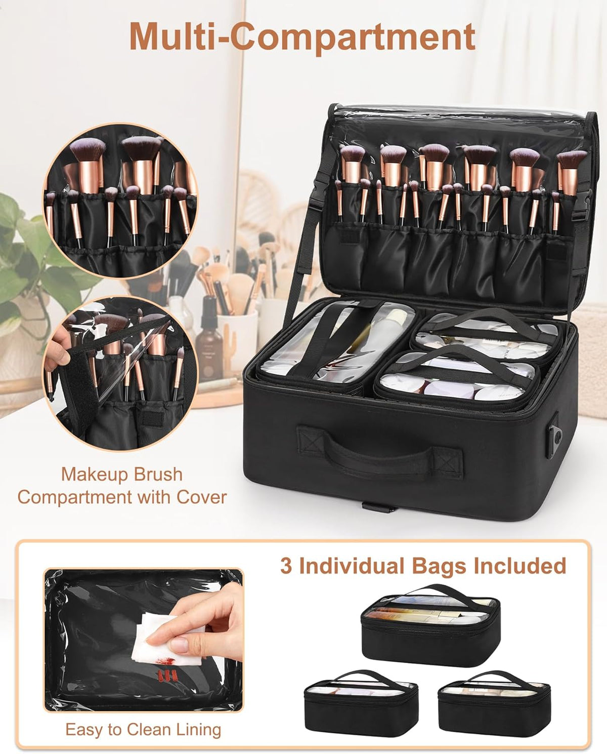 Extra Large Makeup Case Professional Cosmetic Storage Organizer Box Brush Holder with 4 Clear Set Bags & Lipstick Plate for Makeup Artists with Shoulder Strap & Adjustable Dividers