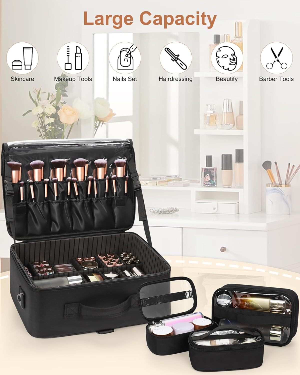 Extra Large Makeup Case Professional Cosmetic Storage Organizer Box Brush Holder with 4 Clear Set Bags & Lipstick Plate for Makeup Artists with Shoulder Strap & Adjustable Dividers
