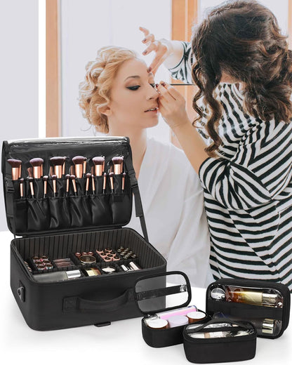 Extra Large Makeup Case Professional Cosmetic Storage Organizer Box Brush Holder with 4 Clear Set Bags & Lipstick Plate for Makeup Artists with Shoulder Strap & Adjustable Dividers