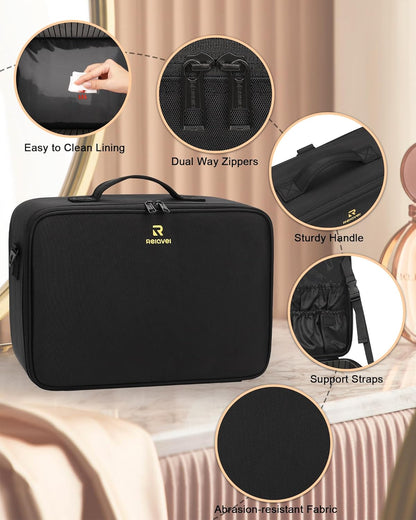 Extra Large Makeup Case Professional Cosmetic Storage Organizer Box Brush Holder with 4 Clear Set Bags & Lipstick Plate for Makeup Artists with Shoulder Strap & Adjustable Dividers