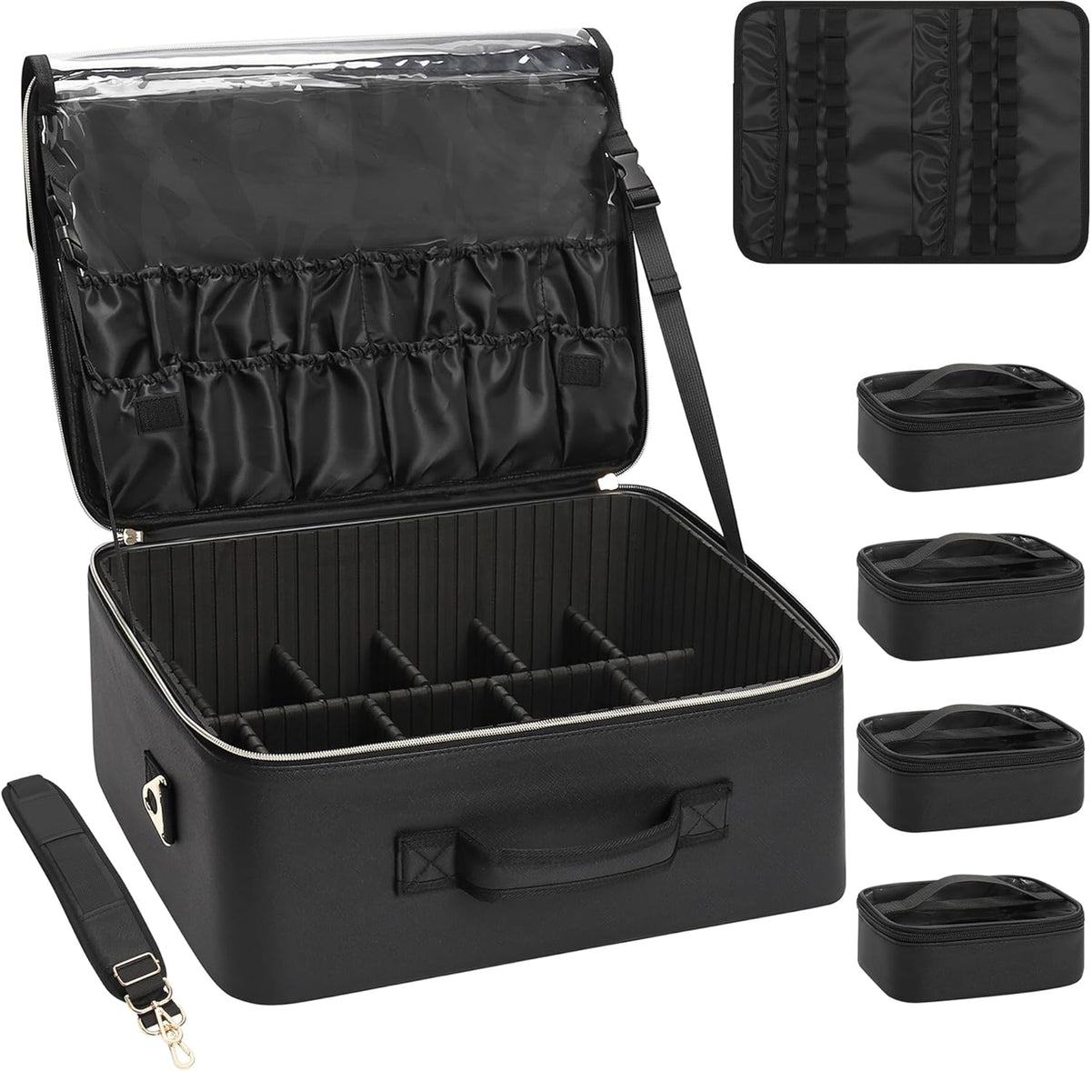 Extra Large Makeup Case Professional Cosmetic Storage Organizer Box Brush Holder with 4 Clear Set Bags & Lipstick Plate for Makeup Artists with Shoulder Strap & Adjustable Dividers