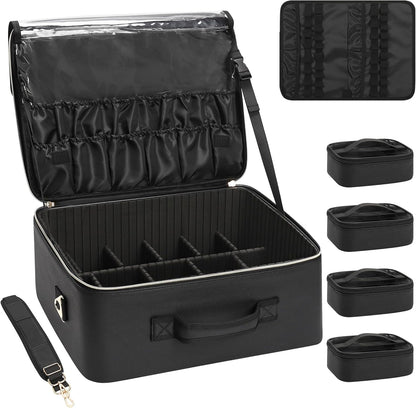 Extra Large Makeup Case Professional Cosmetic Storage Organizer Box Brush Holder with 4 Clear Set Bags & Lipstick Plate for Makeup Artists with Shoulder Strap & Adjustable Dividers