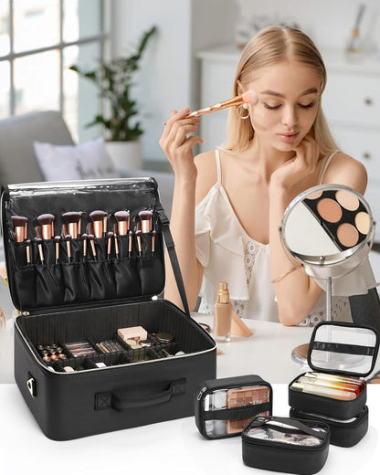 Extra Large Makeup Case Professional Cosmetic Storage Organizer Box Brush Holder with 4 Clear Set Bags & Lipstick Plate for Makeup Artists with Shoulder Strap & Adjustable Dividers