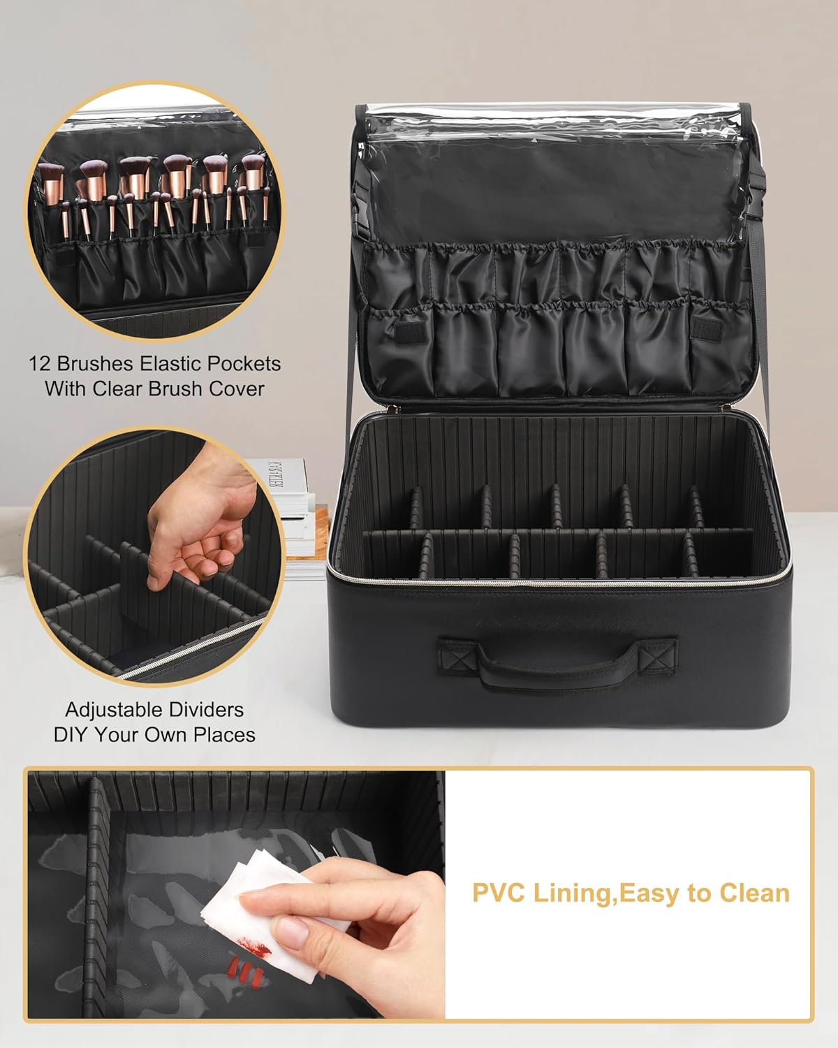 Extra Large Makeup Case Professional Cosmetic Storage Organizer Box Brush Holder with 4 Clear Set Bags & Lipstick Plate for Makeup Artists with Shoulder Strap & Adjustable Dividers