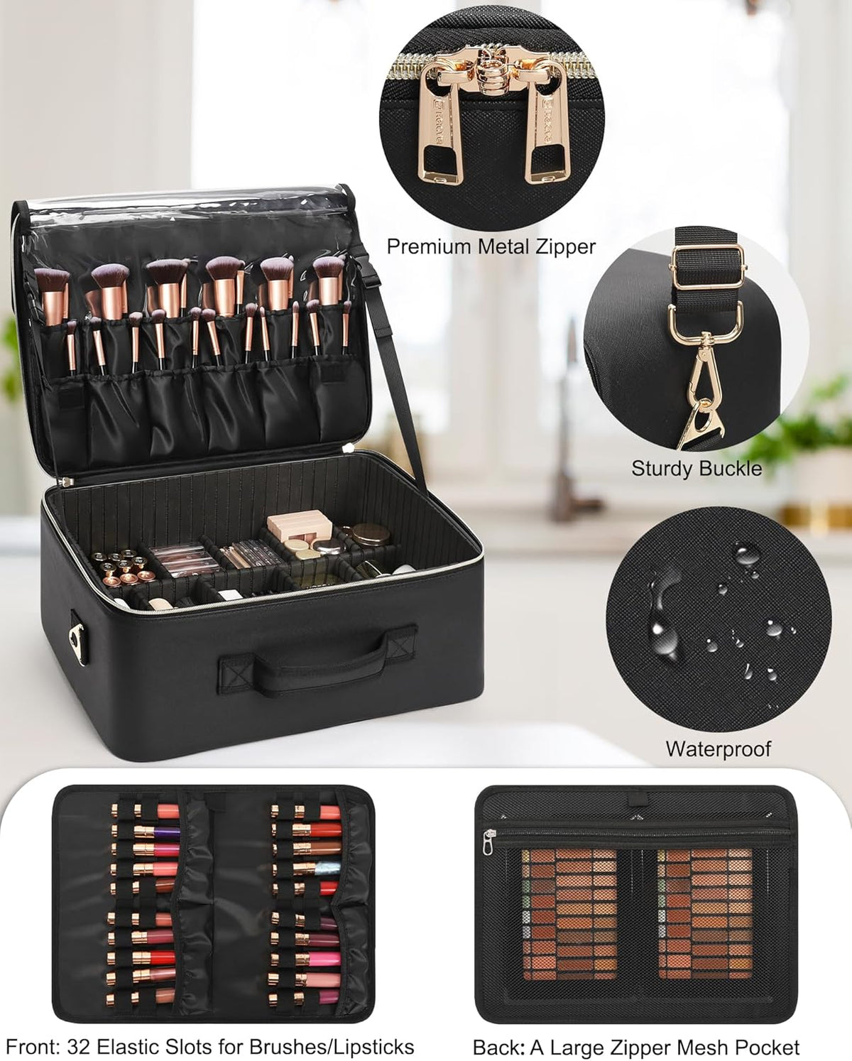Extra Large Makeup Case Professional Cosmetic Storage Organizer Box Brush Holder with 4 Clear Set Bags & Lipstick Plate for Makeup Artists with Shoulder Strap & Adjustable Dividers