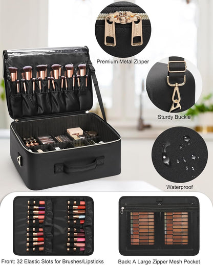 Extra Large Makeup Case Professional Cosmetic Storage Organizer Box Brush Holder with 4 Clear Set Bags & Lipstick Plate for Makeup Artists with Shoulder Strap & Adjustable Dividers