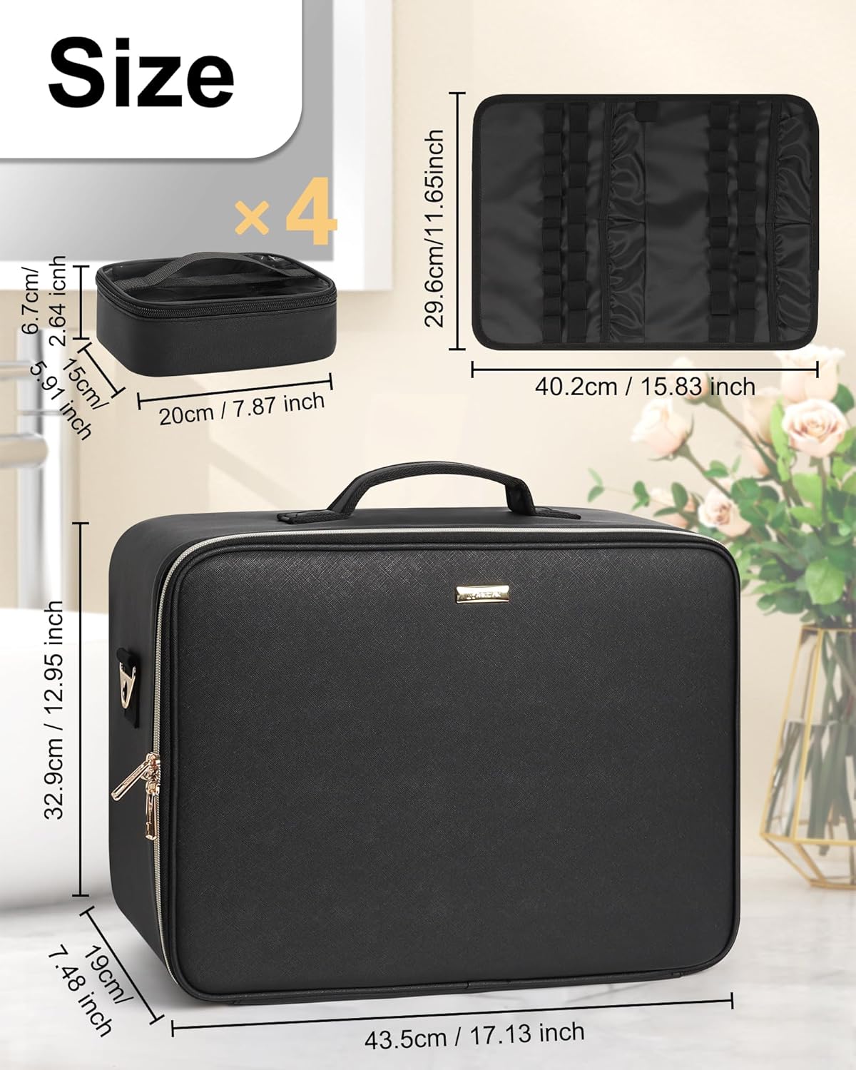 Extra Large Makeup Case Professional Cosmetic Storage Organizer Box Brush Holder with 4 Clear Set Bags & Lipstick Plate for Makeup Artists with Shoulder Strap & Adjustable Dividers