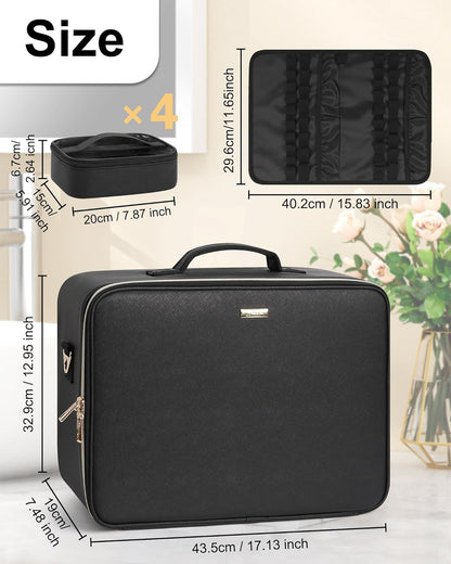 Extra Large Makeup Case Professional Cosmetic Storage Organizer Box Brush Holder with 4 Clear Set Bags & Lipstick Plate for Makeup Artists with Shoulder Strap & Adjustable Dividers