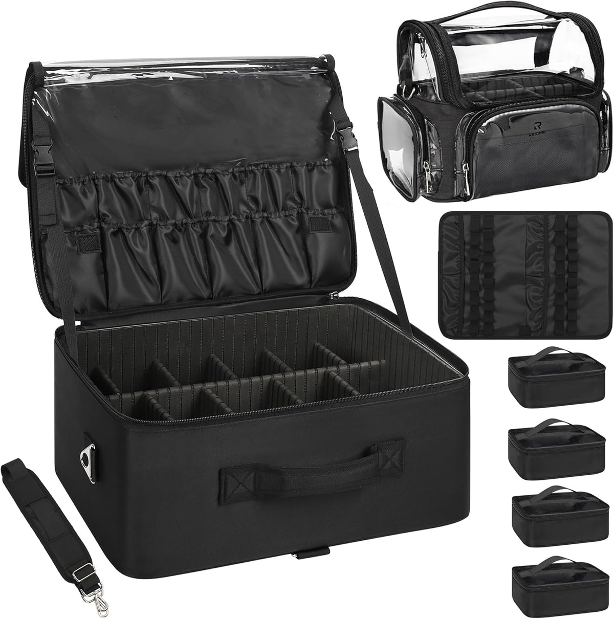 Extra Large Makeup Case Professional Cosmetic Storage Organizer Box Brush Holder with 4 Clear Set Bags & Lipstick Plate for Makeup Artists with Shoulder Strap & Adjustable Dividers