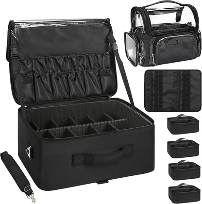 Extra Large Makeup Case Professional Cosmetic Storage Organizer Box Brush Holder with 4 Clear Set Bags & Lipstick Plate for Makeup Artists with Shoulder Strap & Adjustable Dividers