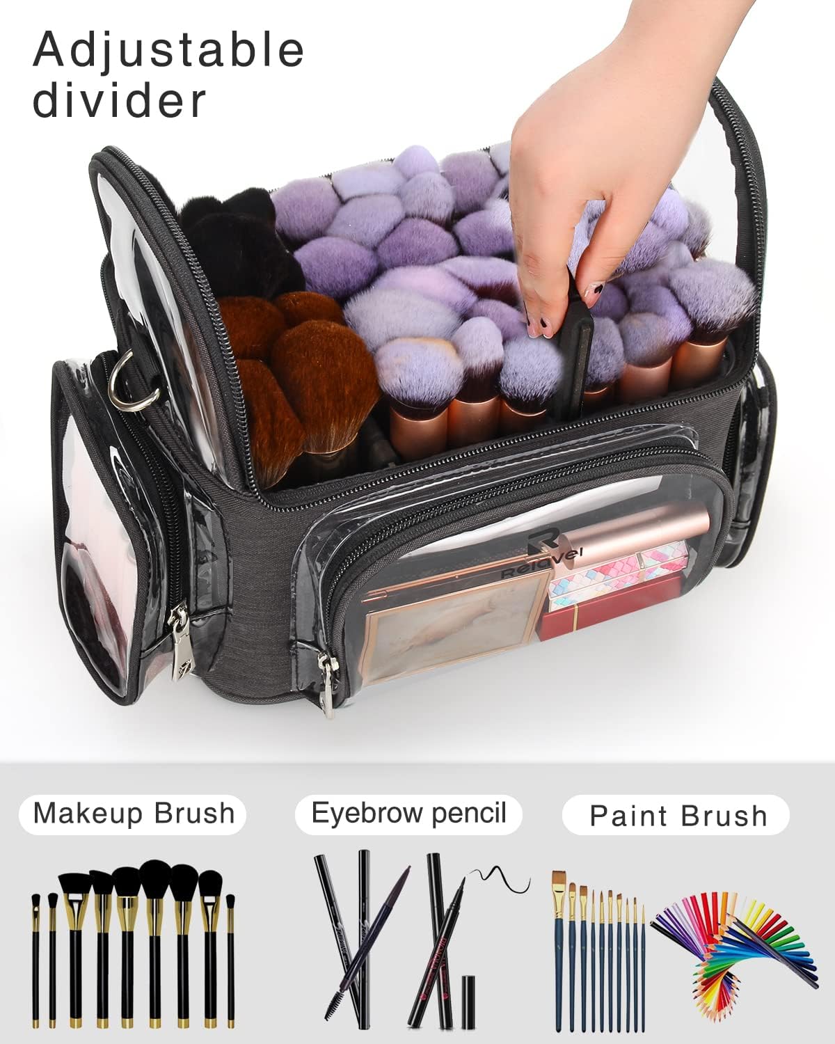 Extra Large Makeup Case Professional Cosmetic Storage Organizer Box Brush Holder with 4 Clear Set Bags & Lipstick Plate for Makeup Artists with Shoulder Strap & Adjustable Dividers