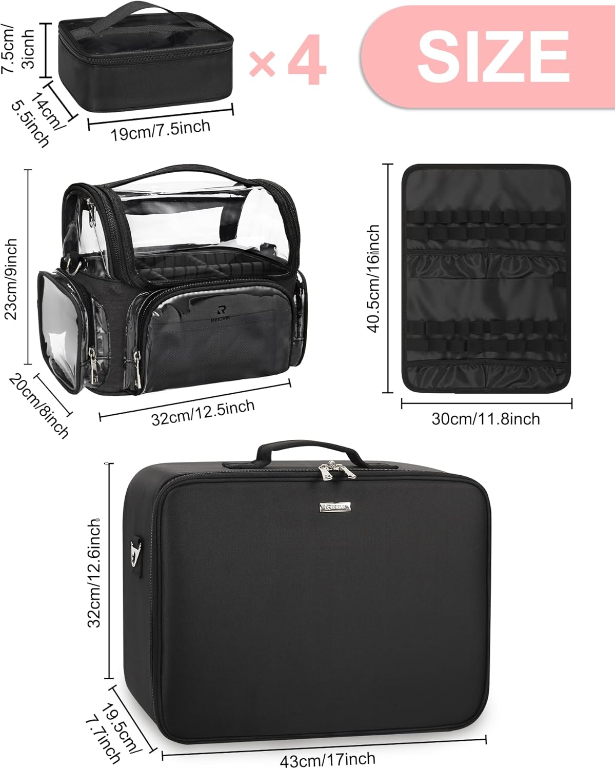 Extra Large Makeup Case Professional Cosmetic Storage Organizer Box Brush Holder with 4 Clear Set Bags & Lipstick Plate for Makeup Artists with Shoulder Strap & Adjustable Dividers
