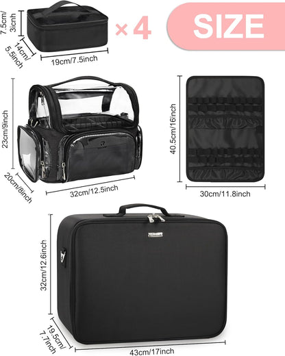 Extra Large Makeup Case Professional Cosmetic Storage Organizer Box Brush Holder with 4 Clear Set Bags & Lipstick Plate for Makeup Artists with Shoulder Strap & Adjustable Dividers