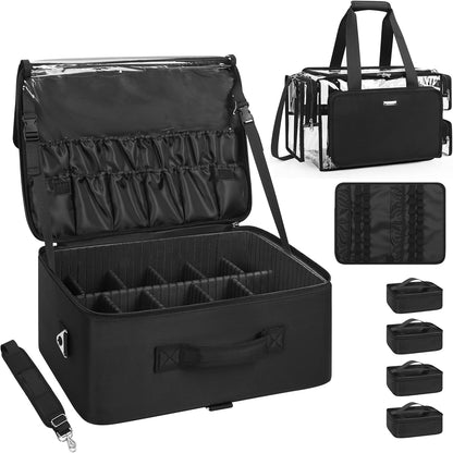 Extra Large Makeup Case Professional Cosmetic Storage Organizer Box Brush Holder with 4 Clear Set Bags & Lipstick Plate for Makeup Artists with Shoulder Strap & Adjustable Dividers
