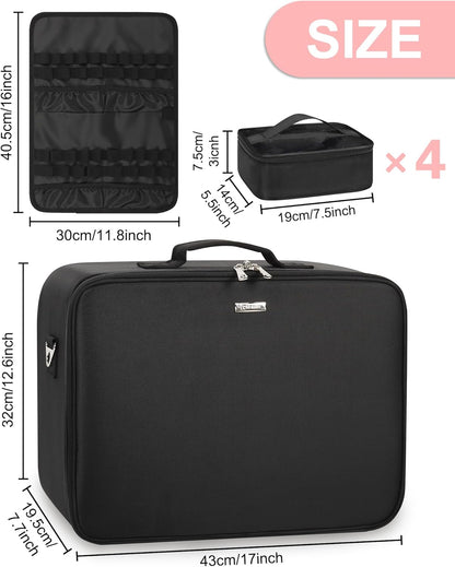 Extra Large Makeup Case Professional Cosmetic Storage Organizer Box Brush Holder with 4 Clear Set Bags & Lipstick Plate for Makeup Artists with Shoulder Strap & Adjustable Dividers