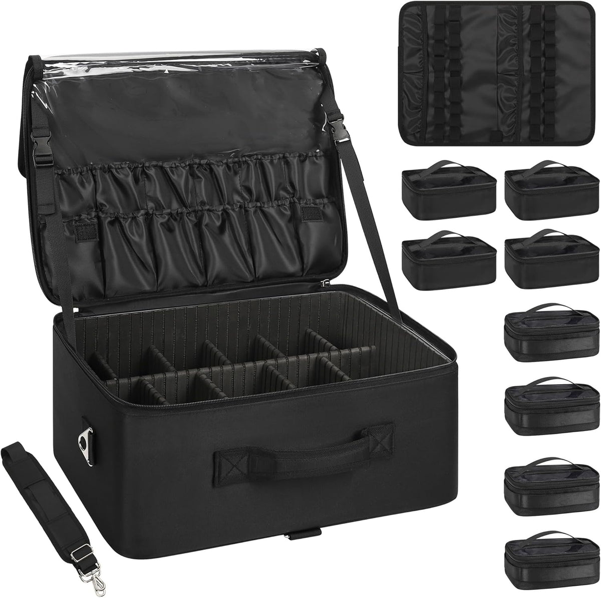 Extra Large Makeup Case Professional Cosmetic Storage Organizer Box Brush Holder with 4 Clear Set Bags & Lipstick Plate for Makeup Artists with Shoulder Strap & Adjustable Dividers