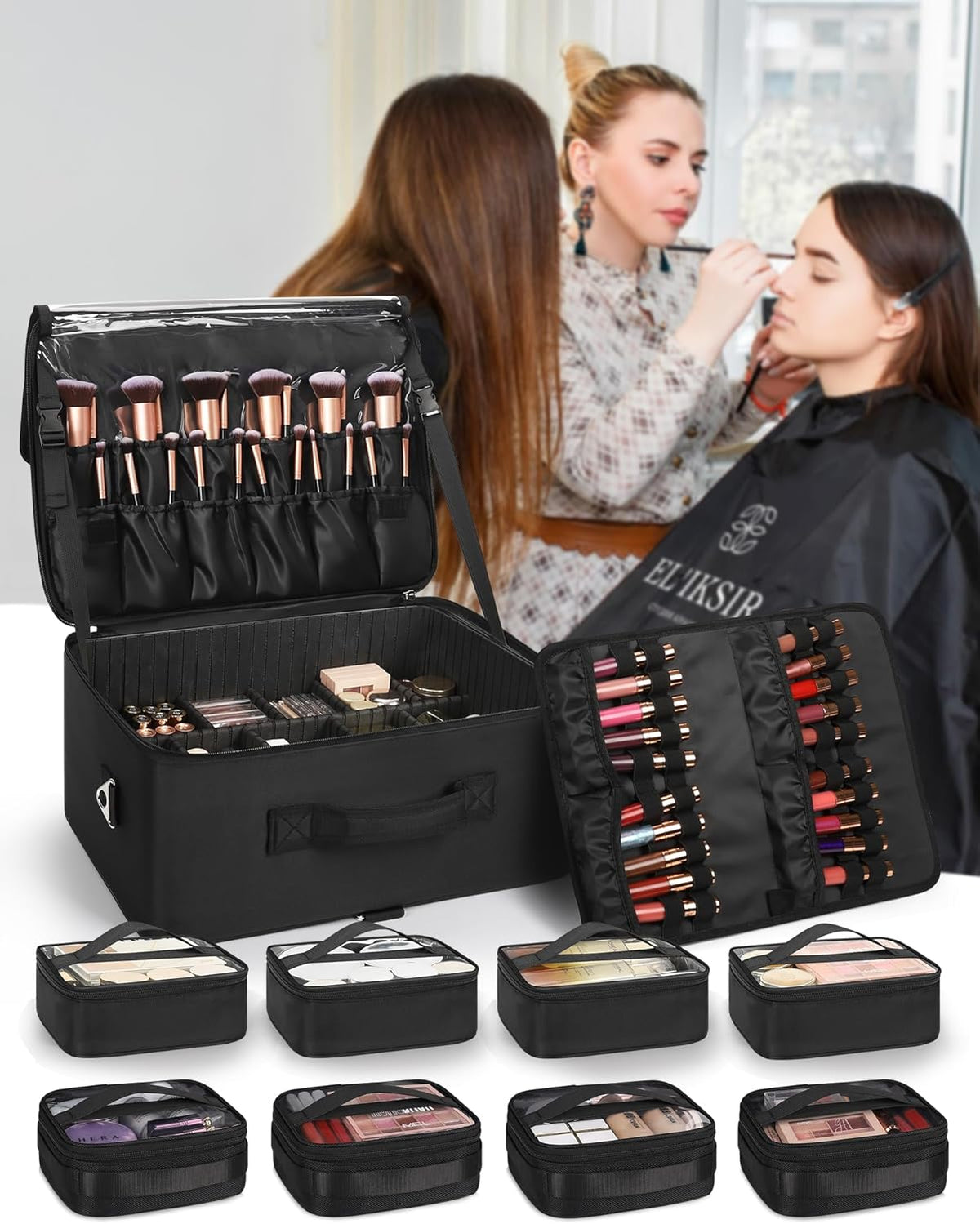Extra Large Makeup Case Professional Cosmetic Storage Organizer Box Brush Holder with 4 Clear Set Bags & Lipstick Plate for Makeup Artists with Shoulder Strap & Adjustable Dividers