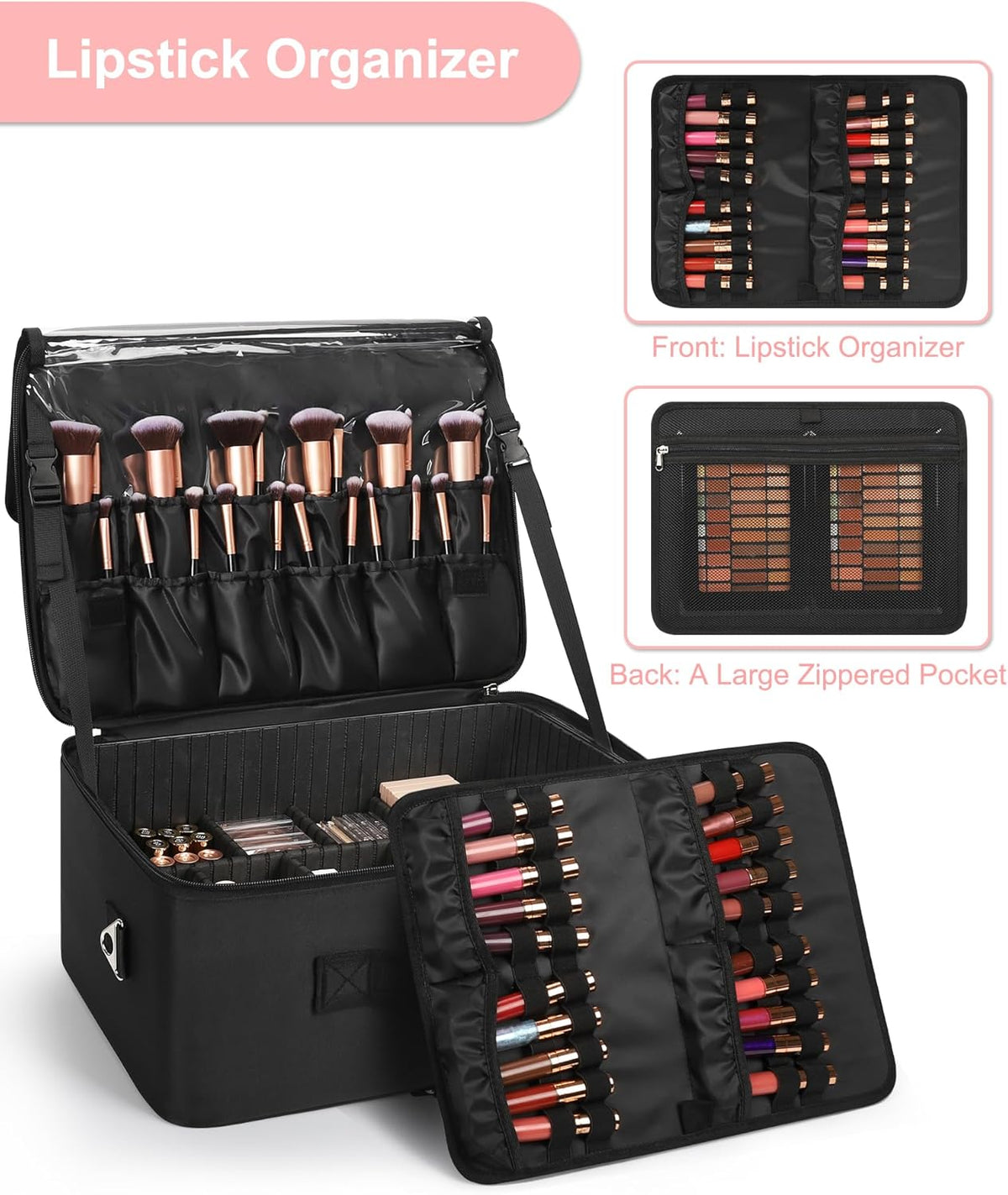 Extra Large Makeup Case Professional Cosmetic Storage Organizer Box Brush Holder with 4 Clear Set Bags & Lipstick Plate for Makeup Artists with Shoulder Strap & Adjustable Dividers