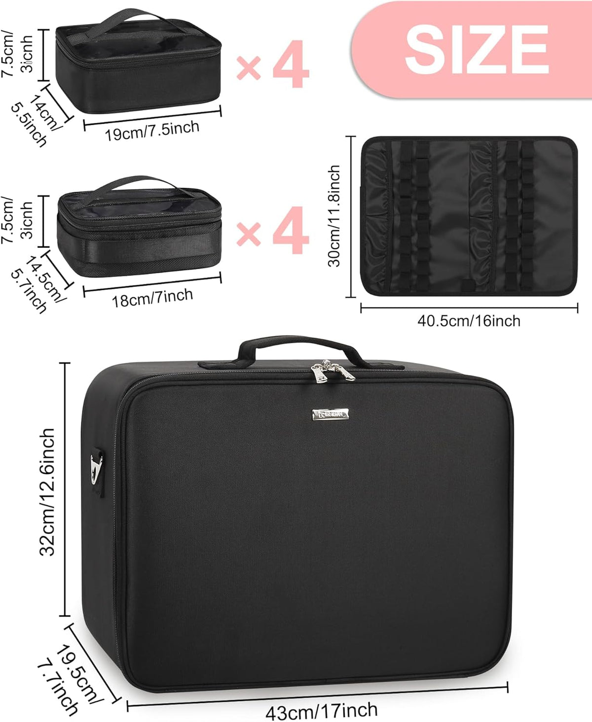 Extra Large Makeup Case Professional Cosmetic Storage Organizer Box Brush Holder with 4 Clear Set Bags & Lipstick Plate for Makeup Artists with Shoulder Strap & Adjustable Dividers