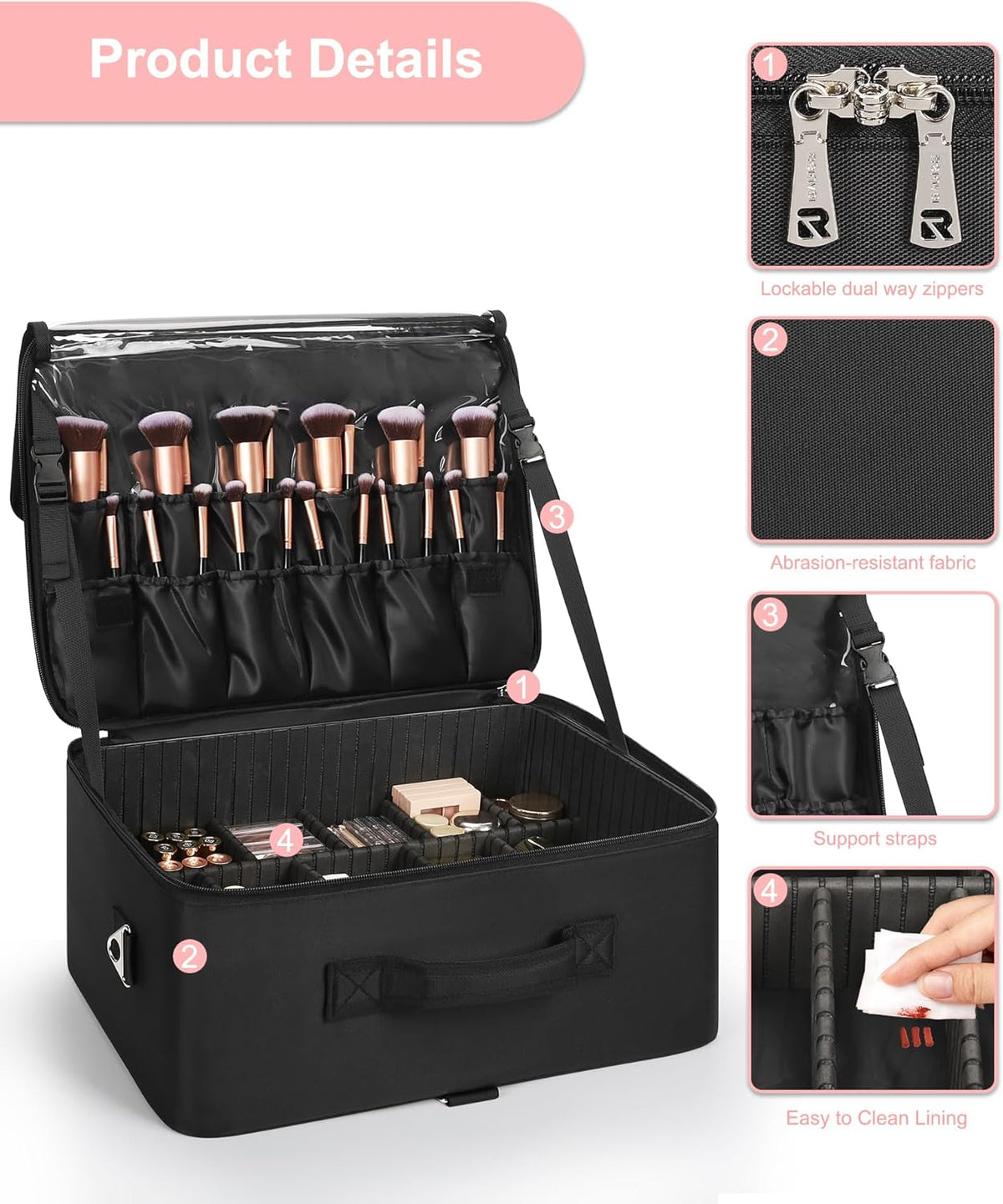 Extra Large Makeup Case Professional Cosmetic Storage Organizer Box Brush Holder with 4 Clear Set Bags & Lipstick Plate for Makeup Artists with Shoulder Strap & Adjustable Dividers