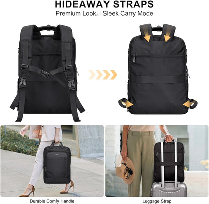 Travel Backpack for Women Men, Slim Laptop Daypack Fits Under Seat | 3-In-1 Carry on Bag with TSA-Friendly 180° Opening, USB Port, Fits 16" Laptop for Business, Work, Daily