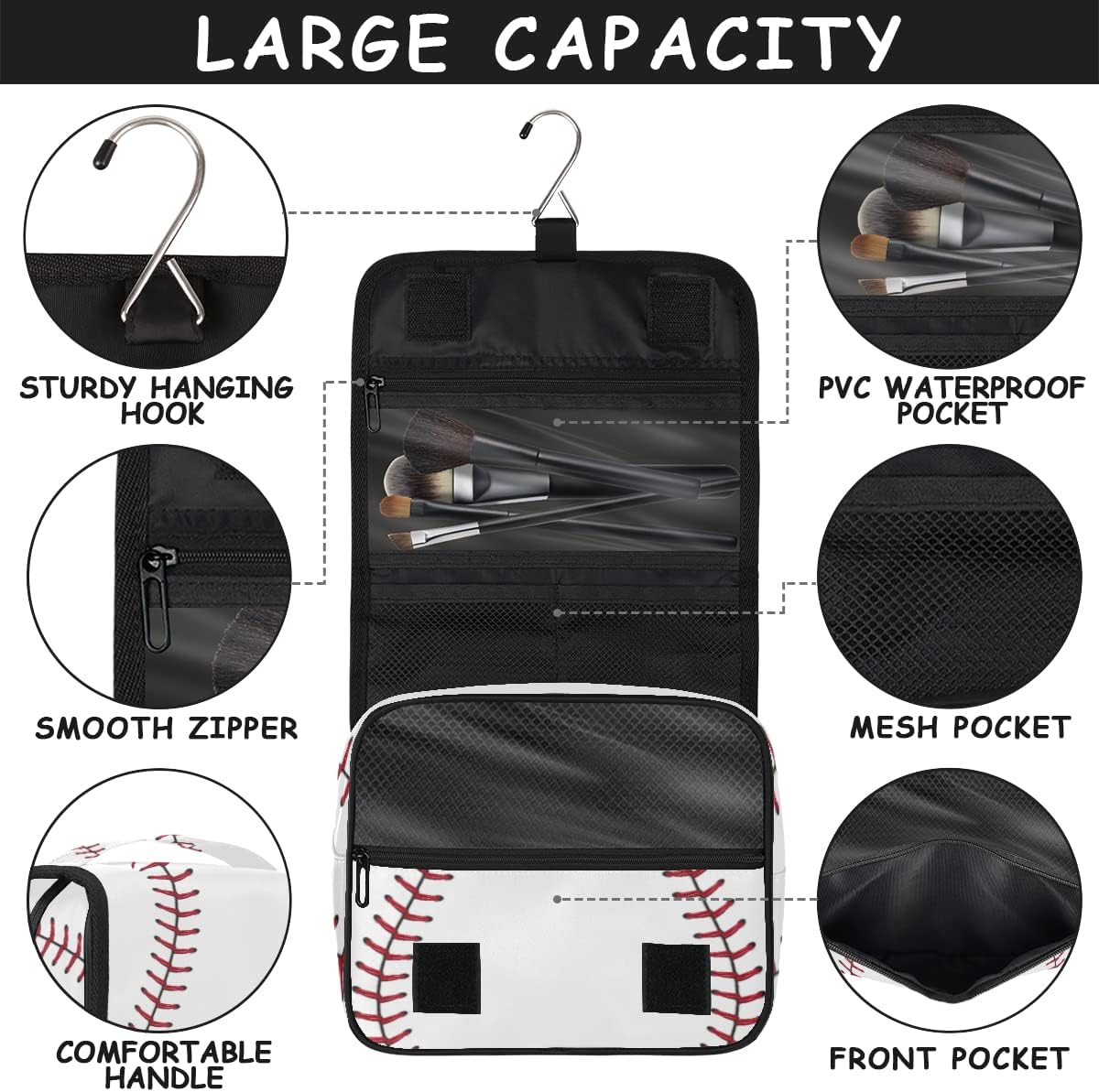 Travel Hanging Toiletry Bag for Women Men Baseball Cosmetic Bag Waterproof Makeup Organizer for Accessories, Shampoo, Full Sized Container, Toiletries for Bathroom Shower