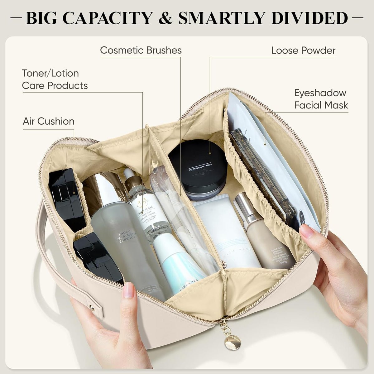Travel Makeup Bag, Large Capacity Cosmetic Bags for Women, Waterproof Portable Pouch Open Flat Make up Organizer Bag with Dividers and Handle, Toiletry Bag for Essentials