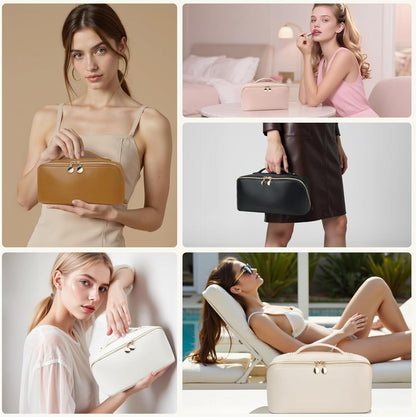 Travel Makeup Bag, Large Capacity Cosmetic Bags for Women, Waterproof Portable Pouch Open Flat Make up Organizer Bag with Dividers and Handle, Toiletry Bag for Essentials