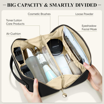 Travel Makeup Bag, Large Capacity Cosmetic Bags for Women, Waterproof Portable Pouch Open Flat Make up Organizer Bag with Dividers and Handle, Toiletry Bag for Essentials
