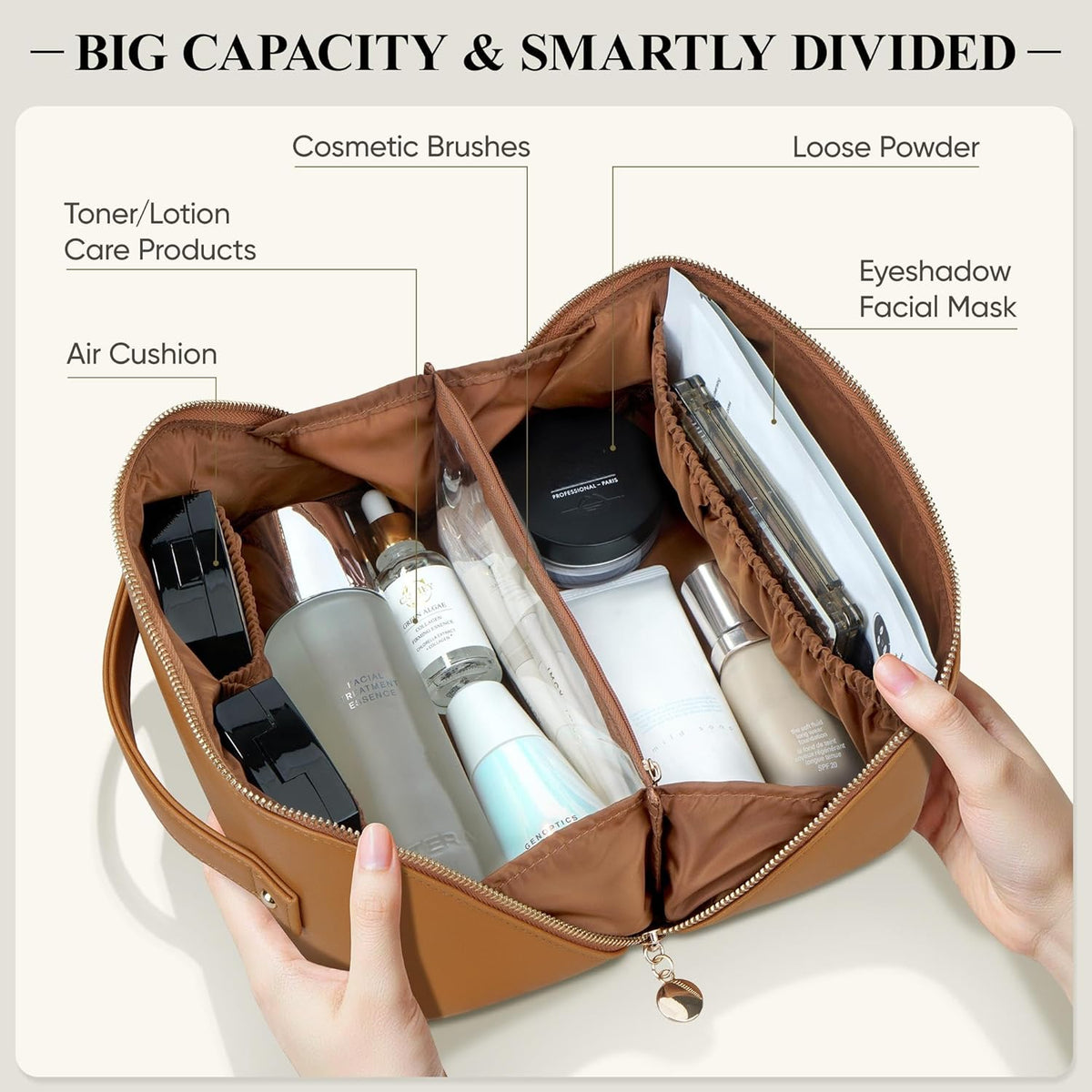 Travel Makeup Bag, Large Capacity Cosmetic Bags for Women, Waterproof Portable Pouch Open Flat Make up Organizer Bag with Dividers and Handle, Toiletry Bag for Essentials