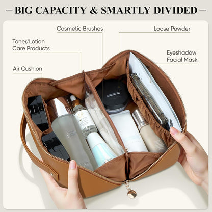 Travel Makeup Bag, Large Capacity Cosmetic Bags for Women, Waterproof Portable Pouch Open Flat Make up Organizer Bag with Dividers and Handle, Toiletry Bag for Essentials