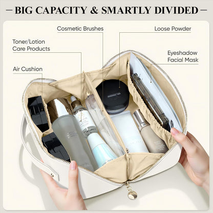 Travel Makeup Bag, Large Capacity Cosmetic Bags for Women, Waterproof Portable Pouch Open Flat Make up Organizer Bag with Dividers and Handle, Toiletry Bag for Essentials