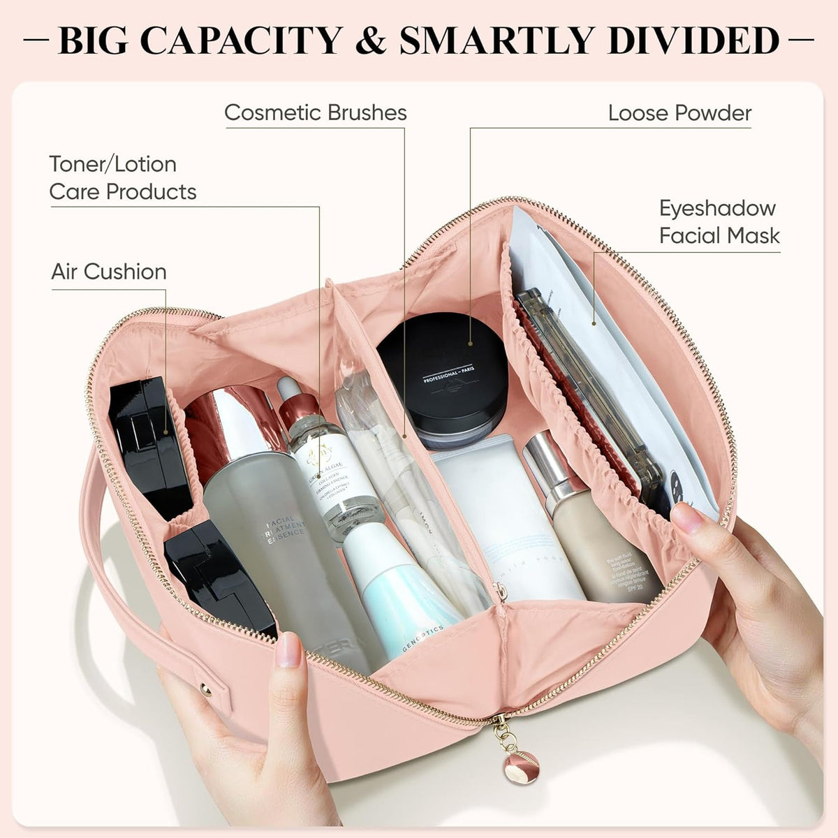 Travel Makeup Bag, Large Capacity Cosmetic Bags for Women, Waterproof Portable Pouch Open Flat Make up Organizer Bag with Dividers and Handle, Toiletry Bag for Essentials