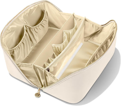 Travel Makeup Bag, Large Capacity Cosmetic Bags for Women, Waterproof Portable Pouch Open Flat Make up Organizer Bag with Dividers and Handle, Toiletry Bag for Essentials